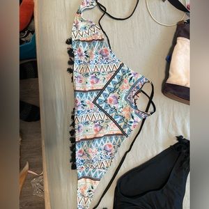 -Cross tie back top, mandala pattern, black tasseled straps